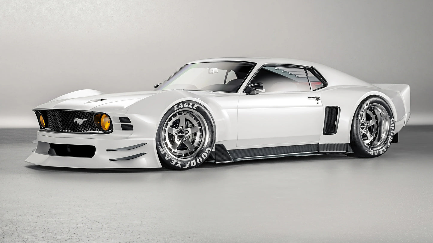 1970 Ford Mustang Boss 302 Widebody custom white muscle car with Goodyear Eagle racing tires