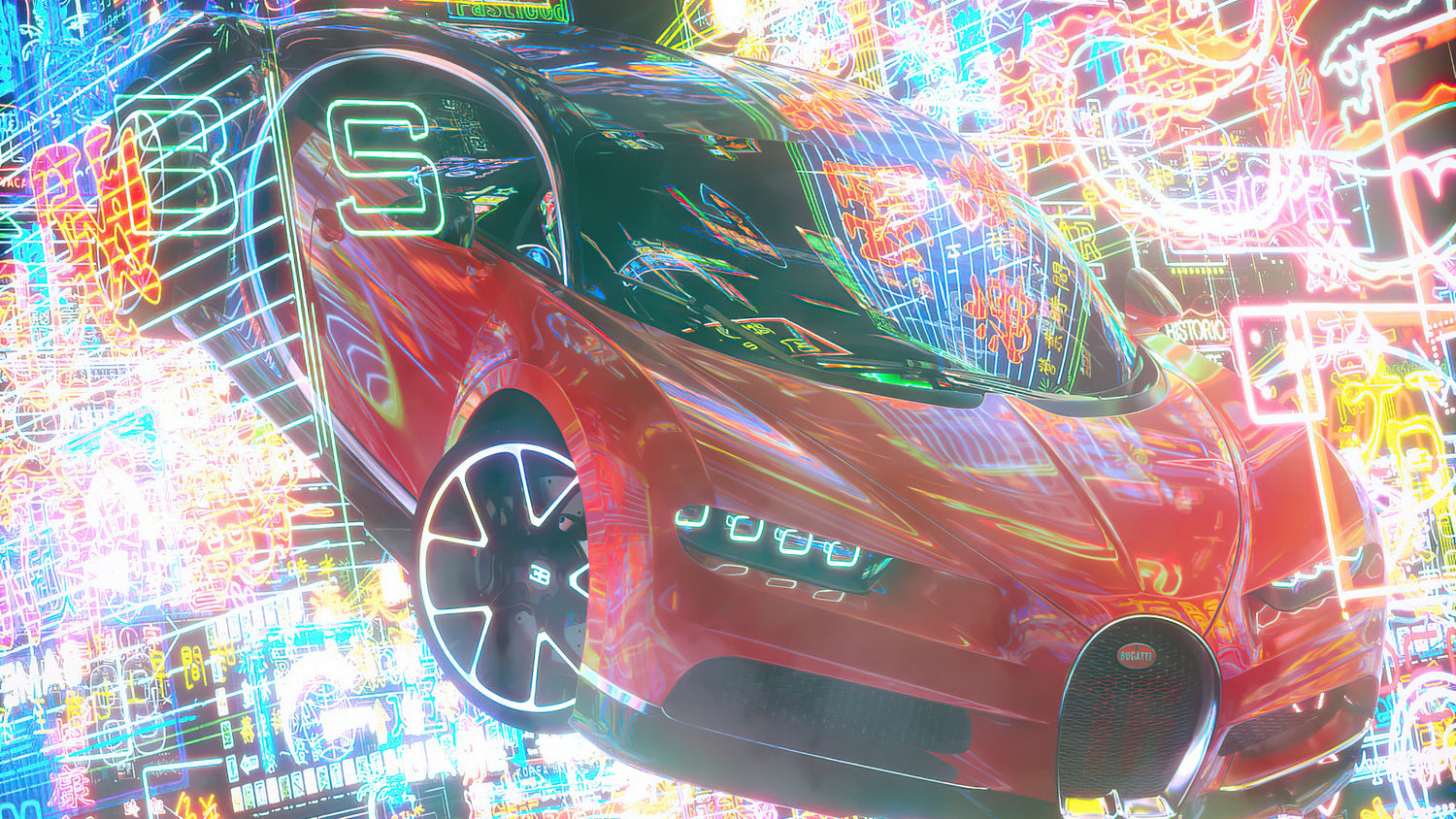 Aura Series wall Art UAE featuring a futuristic car with neon lights and vibrant city backdrop.
