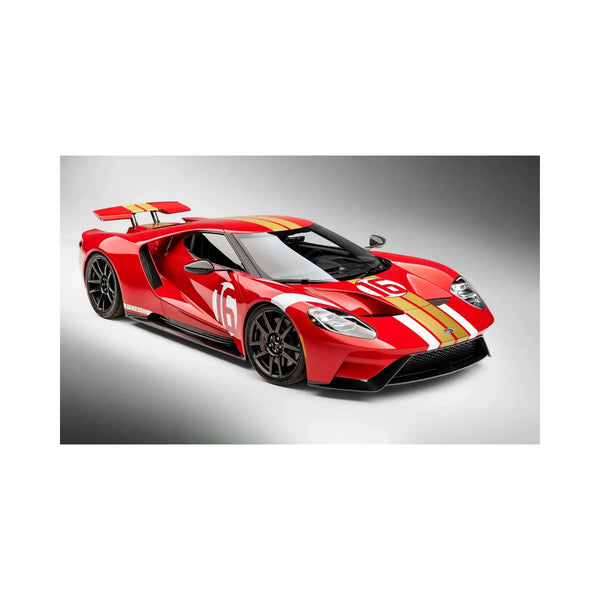 Red Ford GT race car with gold racing stripes, black wheels, and the number 16 on hood and sides