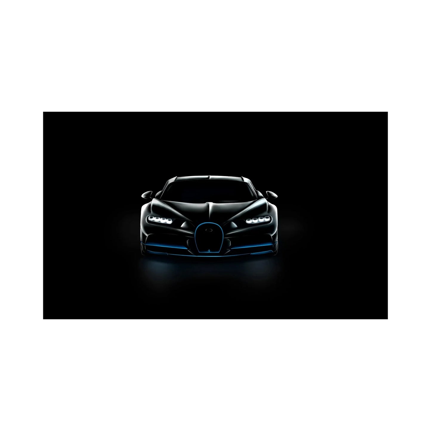 Front view of a sleek black luxury sports car with illuminated headlights on black background