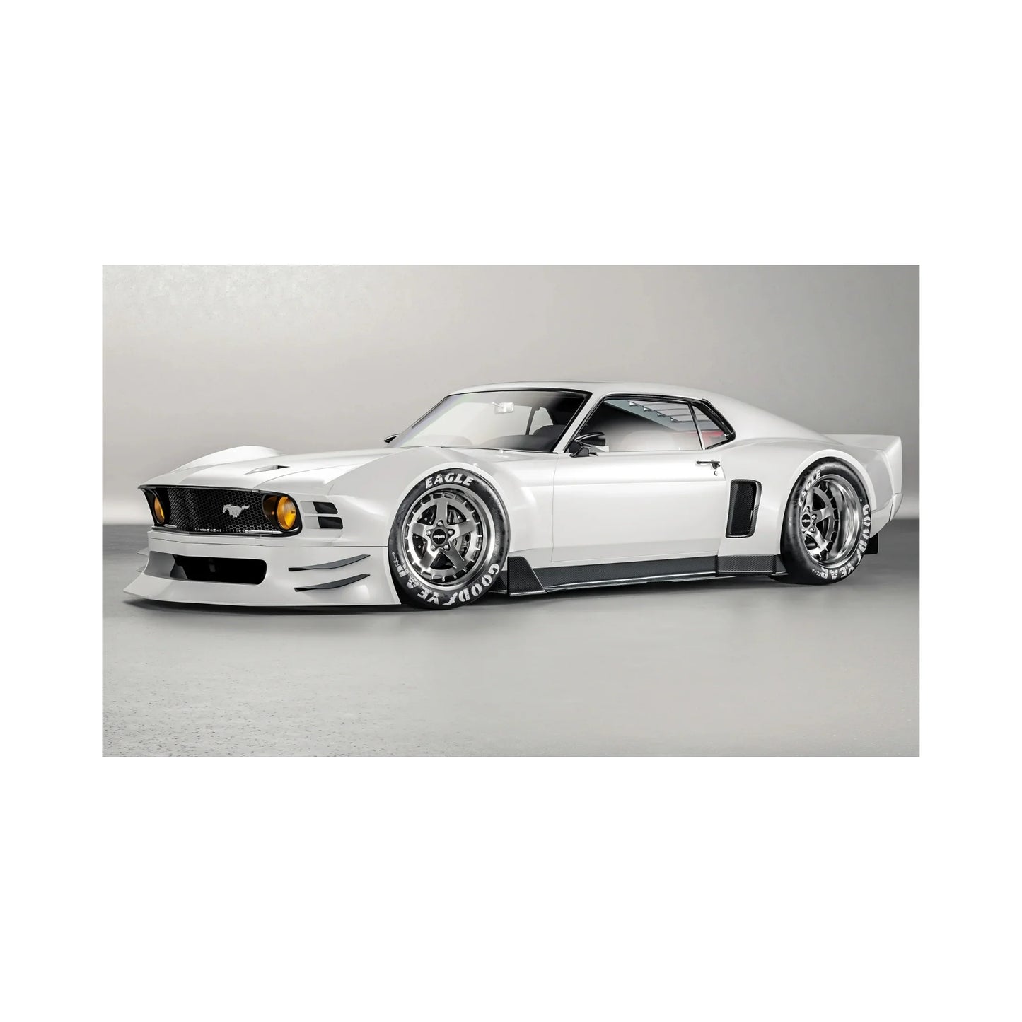 White classic Ford Mustang muscle car with Goodyear Eagle tires and customized wide body kit
