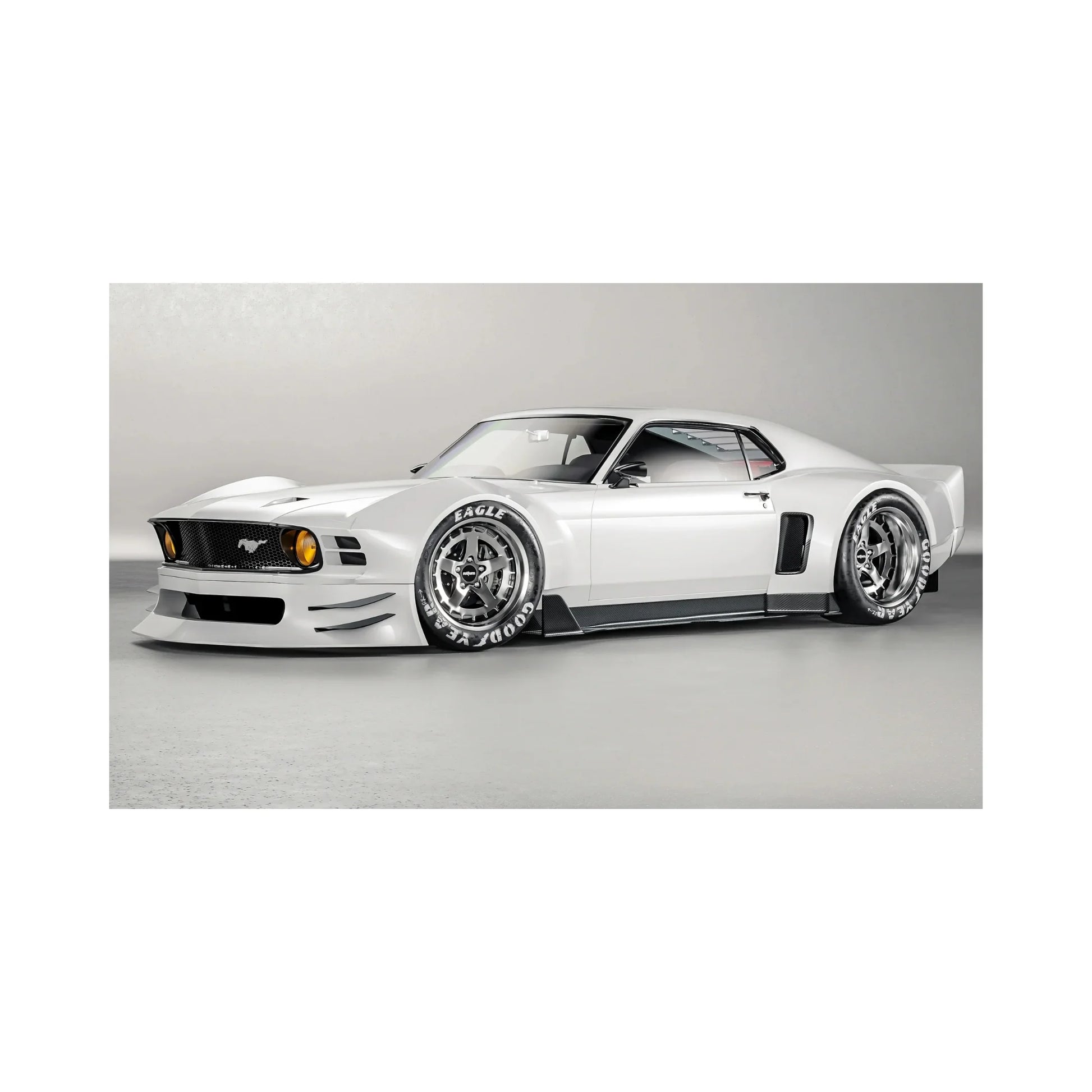 White classic Ford Mustang muscle car with Goodyear Eagle tires and customized wide body kit